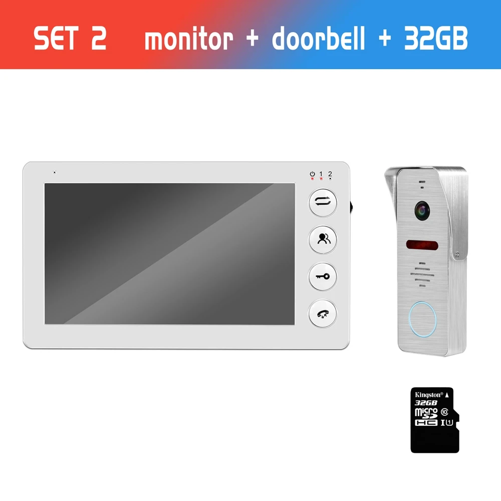 SET 1 with 32G card Видео дверной звонок Домашний домофон проводной 7 дюймов HD монитор с ИК ночного видения дверной Звонок камера вспомогательный датчик движения видео дверной телефон - Цвет: SET 1 with 32G card