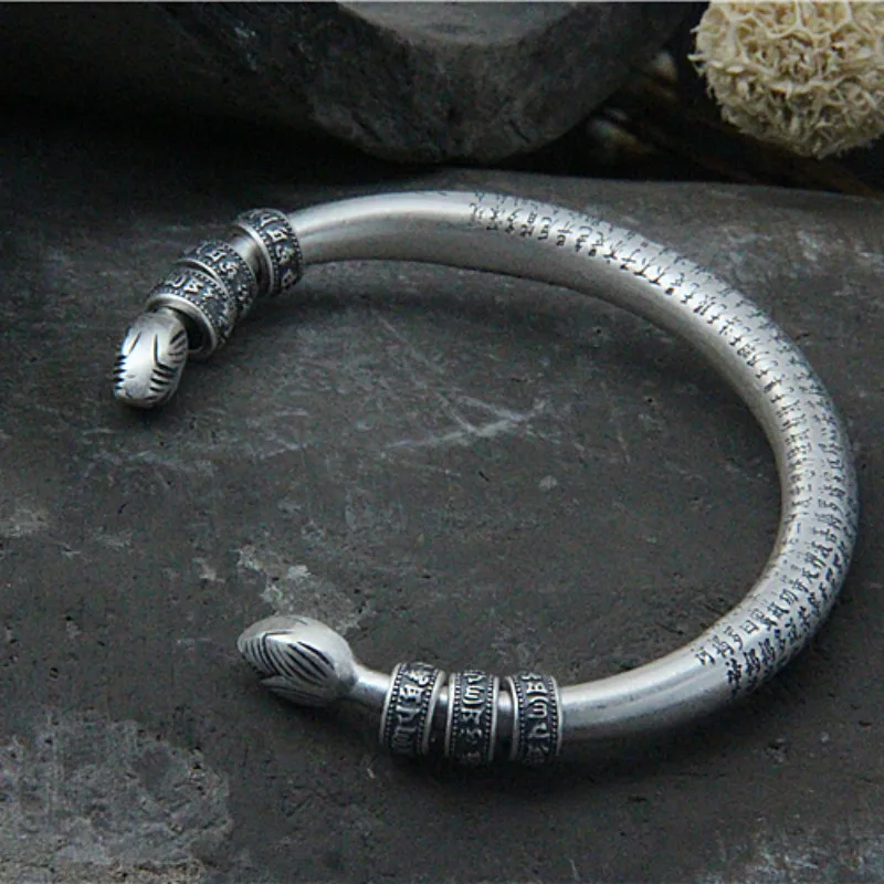 

100% 990 Sterling Silver Bangle Carved Heart Sutra Buddhism Amulet Brushed Ethnic Jewelry Religious Bracelets Dropshipping