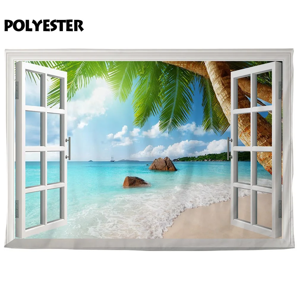 Фон для профессиональной фотосъемки Allenjoy с окном пляжем кокосовым деревом