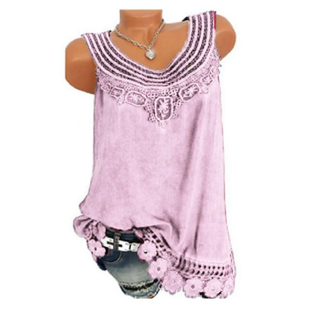 Pink Горячее предложение! Распродажа! Feminino Vestido, укороченный Топ для женщин, круглый вырез, без рукавов, чистый цвет, кружевной жилет, топы, свободные топы, однотонные, 7 цветов, S-5XL размера плюс - Цвет: Pink