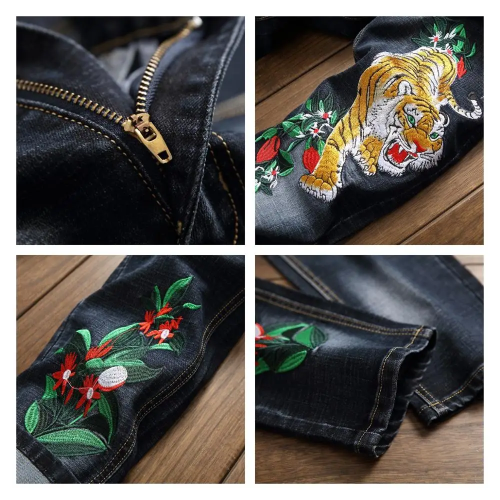 Джинсы мужские с 3d вышивкой тигра модные дизайнерские рваные прямые брюки из