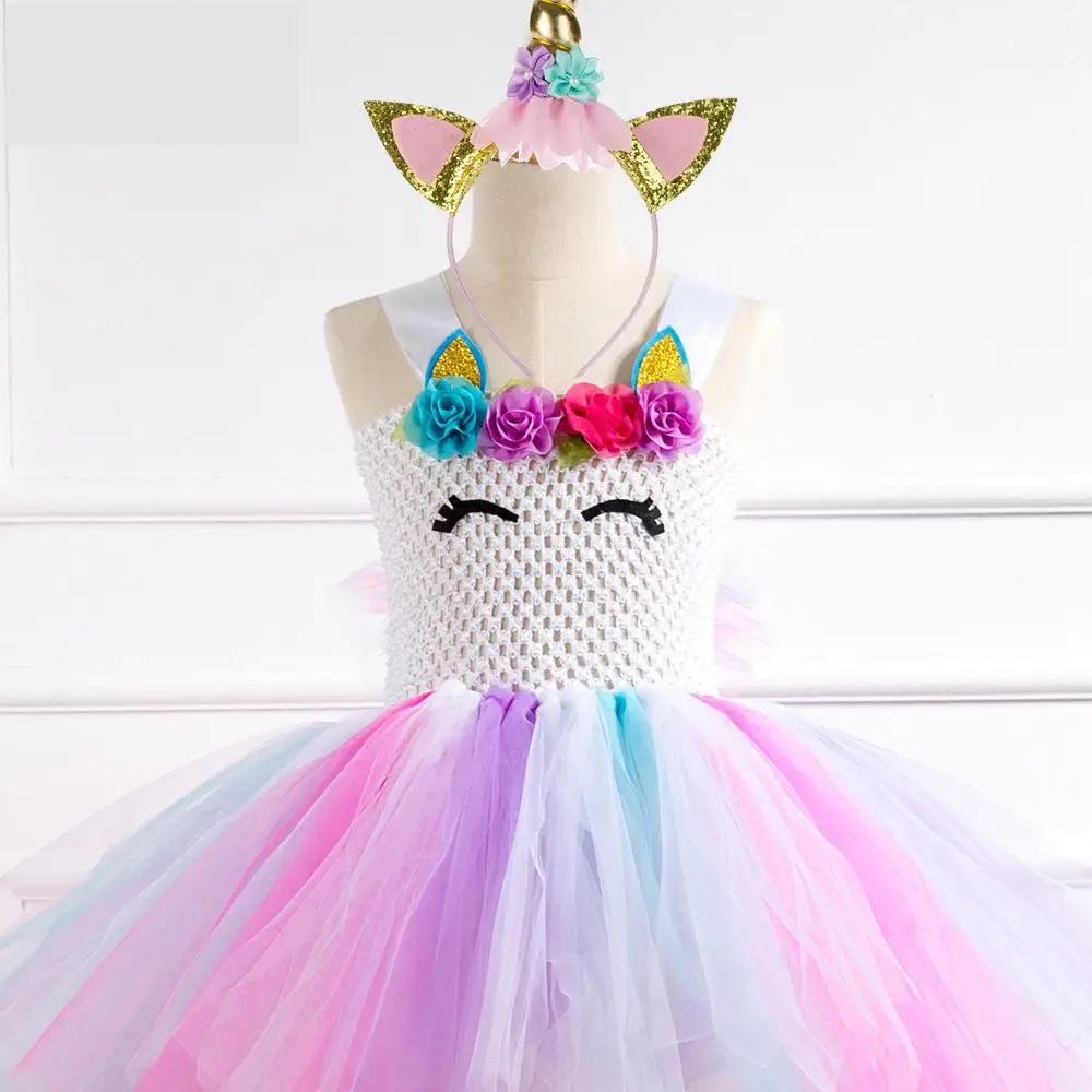 Girls Unicorn Dress Costume Rainbow Tutu Princess Cosplay Birthday Party Children Kids Halloween Carnival Clothes | Тематическая