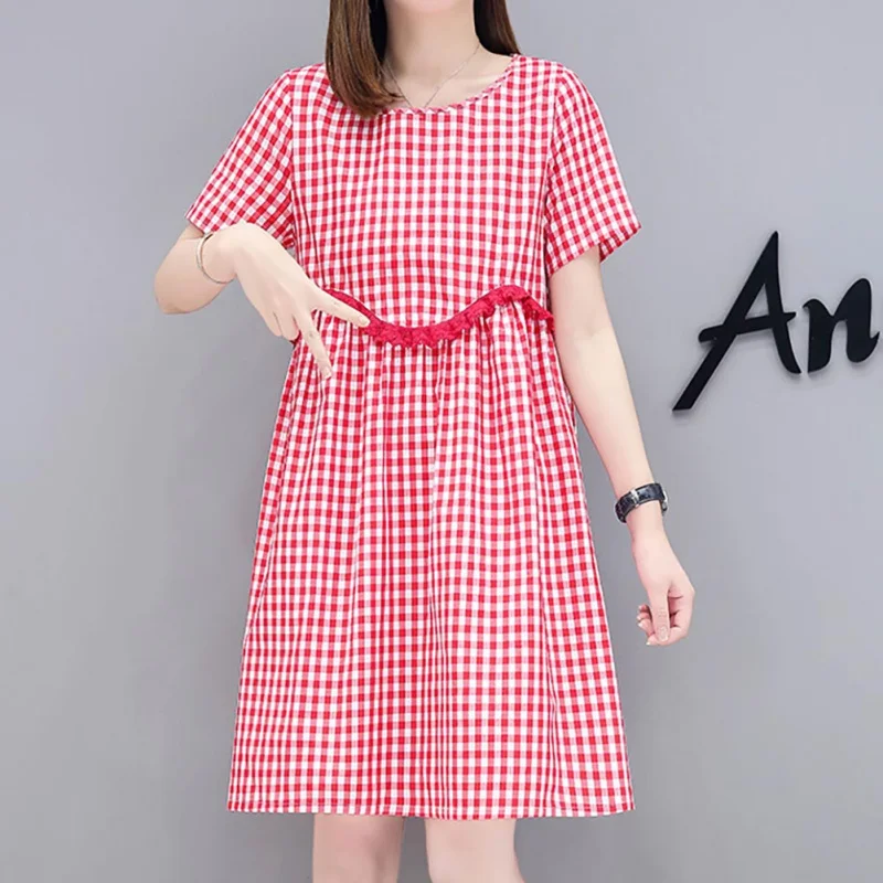 Летние женские плиссированные клетчатые платья элегантные с коротким рукавом