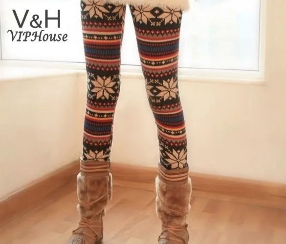 winter Colorful Crystal Pattern Snowflakes Knitted Leggings for women 34 | Женская одежда