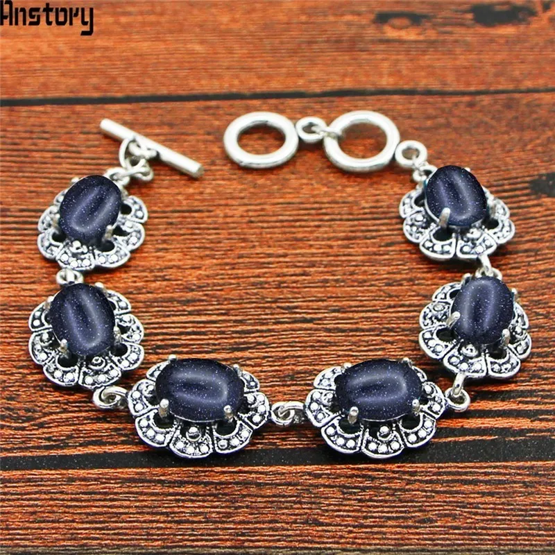 

Oval Sequins Dark Blue Stone Bracelet Plum Flower Design Vintage Look Antique Silver Plated Fashion Jewelry TB336