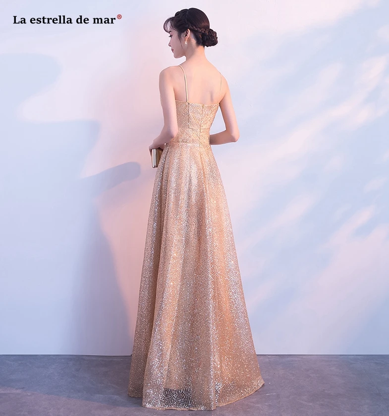 Vestido boda mujer, Новое сексуальное ТРАПЕЦИЕВИДНОЕ ПЛАТЬЕ подружки невесты с v-образным вырезом и бретельками цвета шампанского, золотого цвета, длинное vestido boda mujer invitada