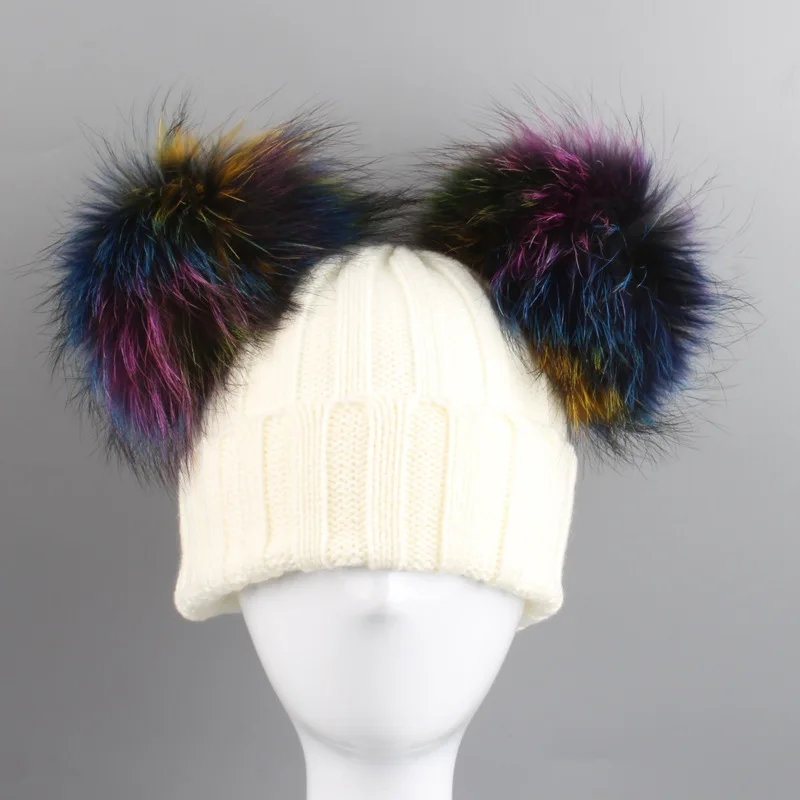 Детская акрил Skullies шапочки енота Мех животных pom Шапки зима ребенок натуральная