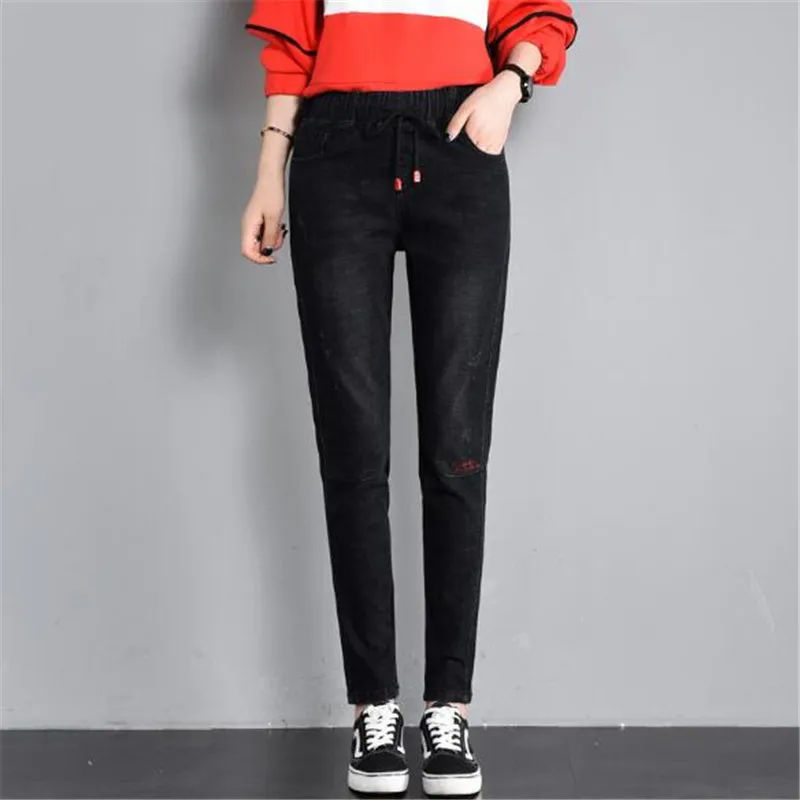 WKOUD Drawstring High Waist Jeans For Women New Spring Solid Hole Scratched Denim Pencil Pants Casual Regular Jean P8839 | Женская