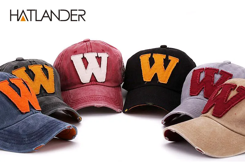 Hatlander, хлопковая бейсболка с буквой W, Ретро стиль, уличные спортивные кепки для женщин, bone gorras, изогнутые, облегающие, вымытые, винтажные, для папы, шапки для мужчин