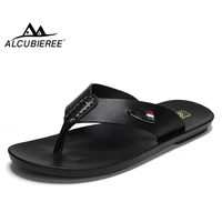 alcubieree summer mens breathable sandals for man casual flip flops genuine leather slides slippers outdoor beach shoes homme
