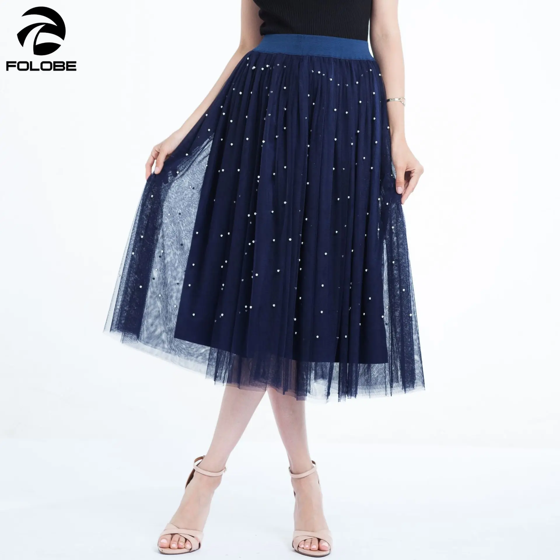 

FOLOBE 3 Layers Tulle Beading Women Skirts Mesh Tulle Skirt With Beads Tutu Elastic Waist Pleated Skirt