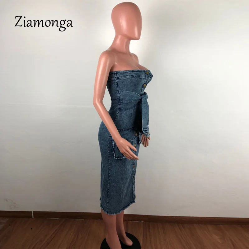 Ziamonga, винтажное платье миди без бретелек, на пуговицах, женское облегающее джинсовое платье без рукавов, Дамское элегантное платье, Бандажное женское платье