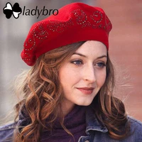 ladybro women beret wool hat autumn winter hat female 2 layers rhinestones warm beanies knitting hat flat top bonnet cap