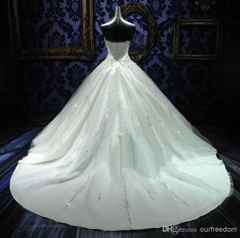 Real Image Bling 2015 Wedding Dresses With Sweetheart Beads Crystals A Line Court Train Tulle Luxury Bridal Gowns White Ivory Ne | Свадьбы и
