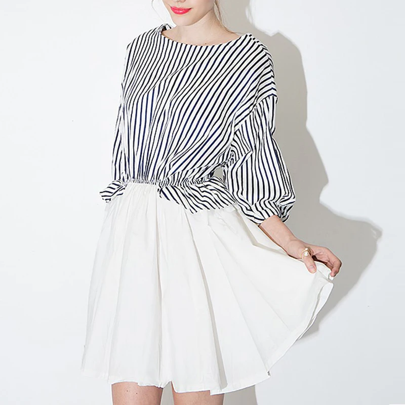 Женщины Новая Мода roupas Опрятный Стиль Военно-Морской Флот Полосатый Лоскутное