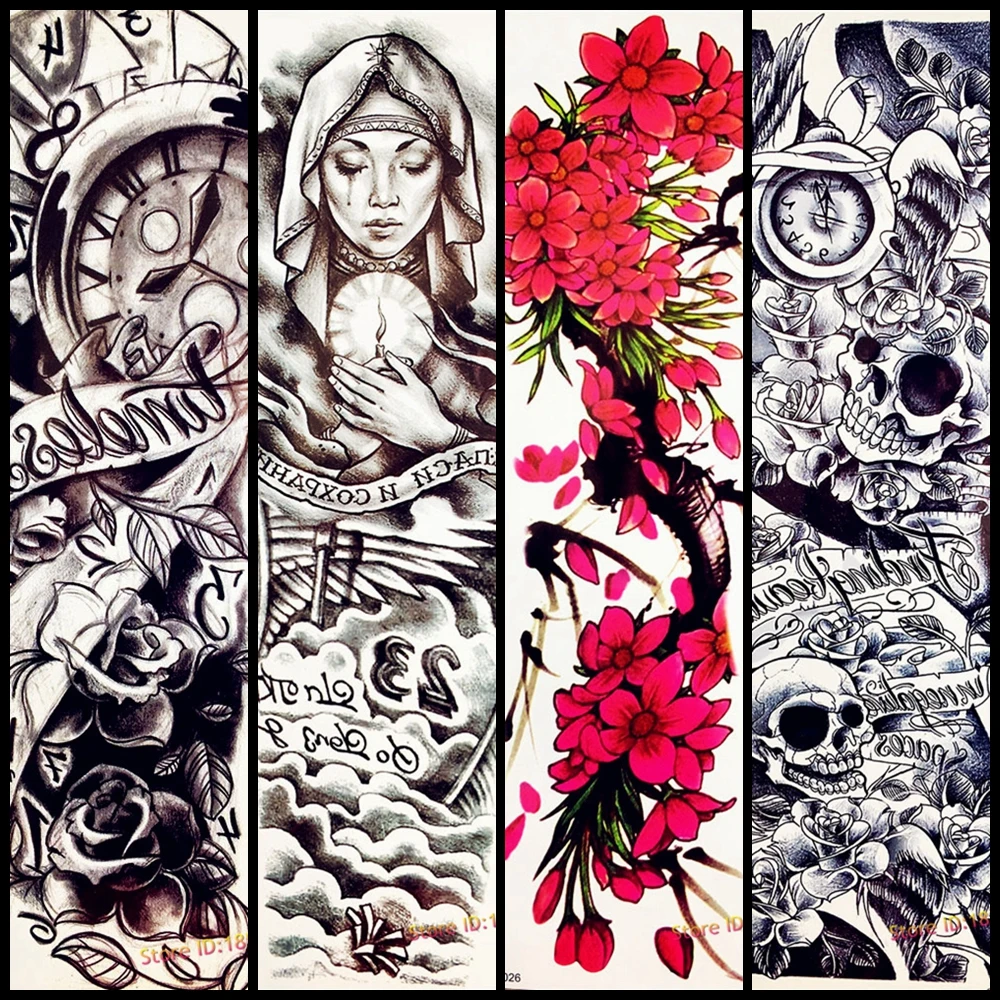 

Prey Nun Women Temporary Tattoo Stickers Full Flower Arm Water Transfer Black Tattoo Men Armband Skull Rose Tatoo AQS-Q026