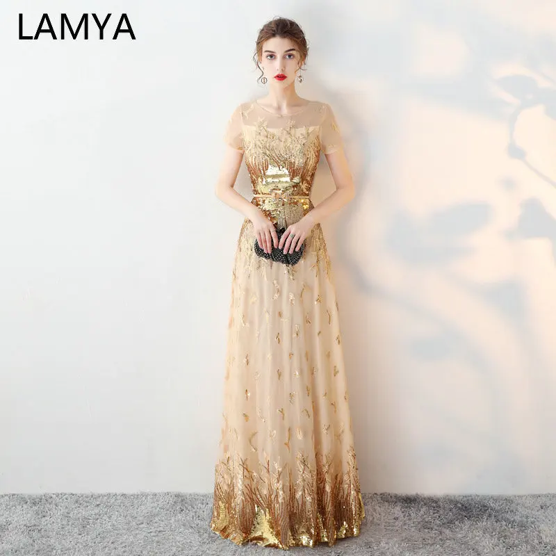 LAMYA/ элегантные длинные вечерние платья с золотыми блестками, платья с коротким рукавом для выпускного вечера, вечернее платье с круглым вырезом, вечернее платье