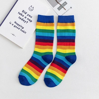 blue top Блестящие цветные модные хлопковые радужные женские носки, Осенние новые высокие носки-трубы, яркие солнечные носки в полоску, высококачественные теплые длинные носки - Цвет: blue top