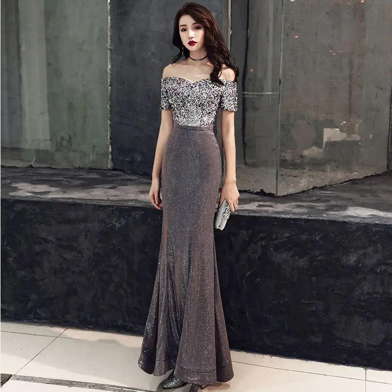 Sequins Female Celebrities Gowns Sexy One Shoulder Evening Dress Vestidos De Festa Longo Trum Mermaid Vestido De Noche Elegante - Цвет: Серый