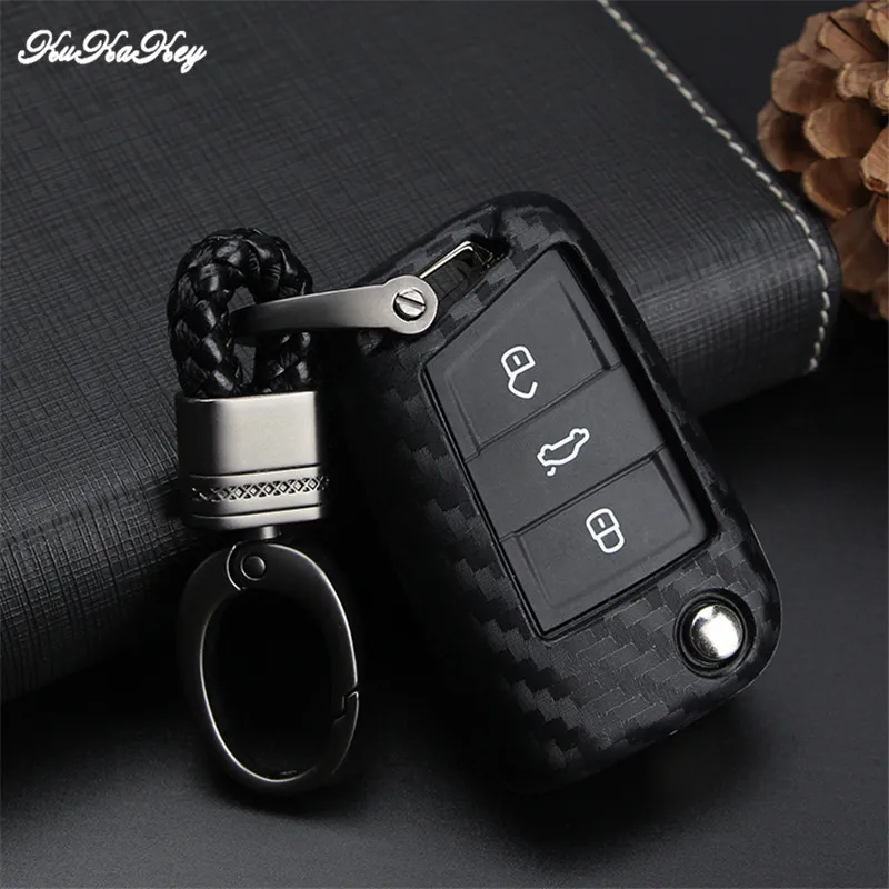 KUKAKEY углеродное волокно силиконовый чехол для ключей от машины VW Golf Seat Ibiza Passat B8 B7