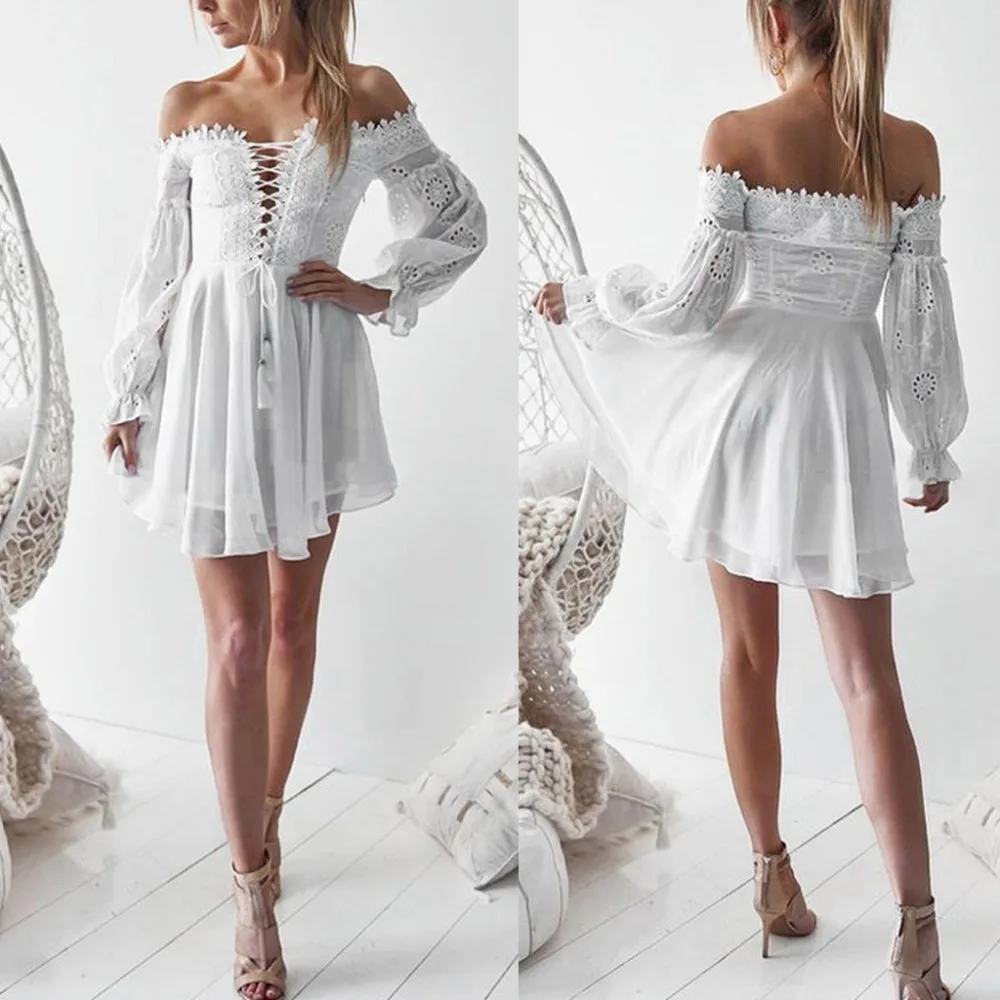 White Solid Bandage Dress Women Summer Casual Daily Sexy Off Shoulder Party Mini Dresses 2019 New Arrival Slim Vestidos | Женская одежда