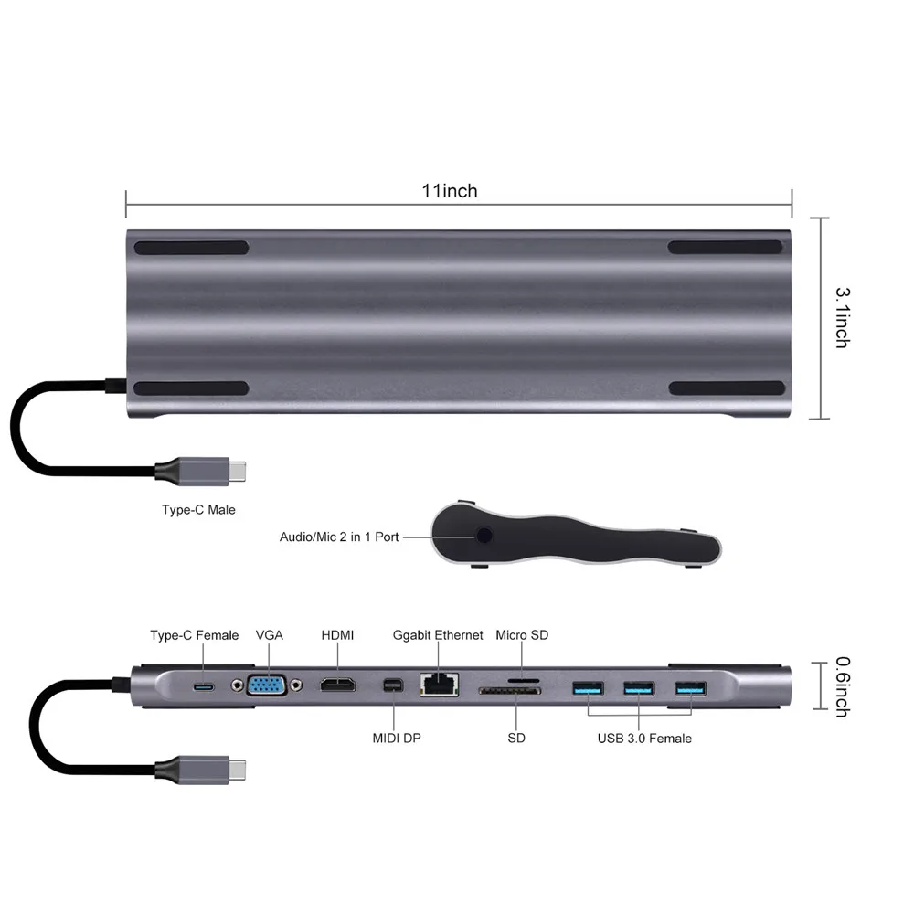 Алюминиевый 11 в 1 док-станция для ноутбука Type-C до USB3.0 TF HDMI VGA RJ45 Мини DP адаптер MacBook