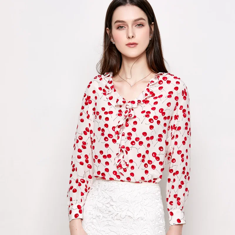 Женская шелковая блузка 100% натуральный шелк креп вишня с принтом блузки для