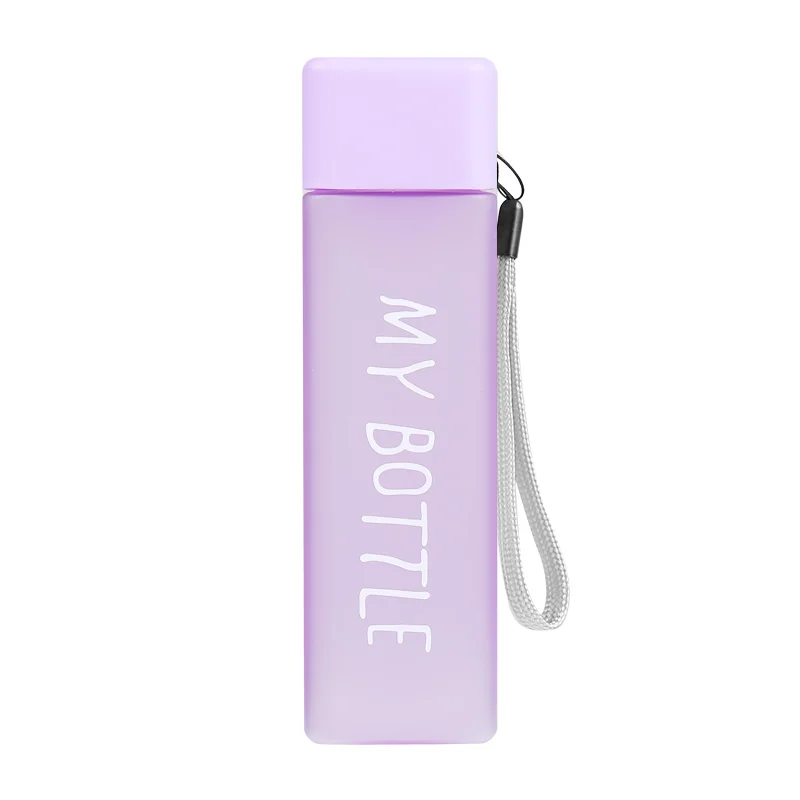 Frosted Purple Новинка, My bottle, квадратные пластиковые бутылки для воды, для питья, 500 мл, бутылка для воды с веревкой, прозрачная или матовая, Спортивная, корейский стиль - Цвет: Frosted Purple