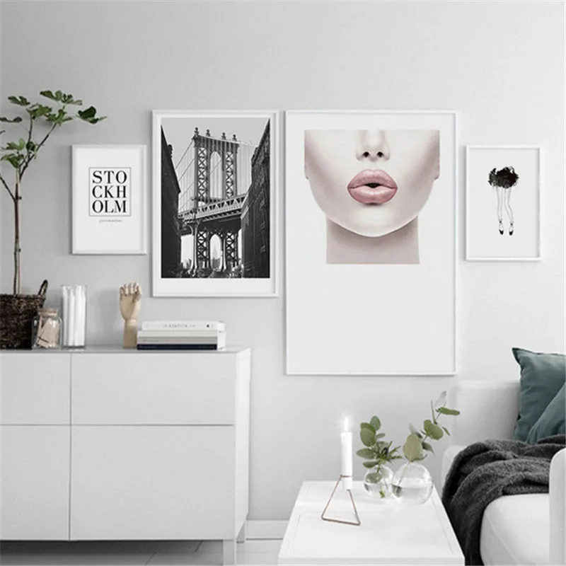 

HAOCHU Nordic Background Canvas Decorative Painting Modern Fashion Sexy Beauty Lips Text Ancient Building Personality Home Decor