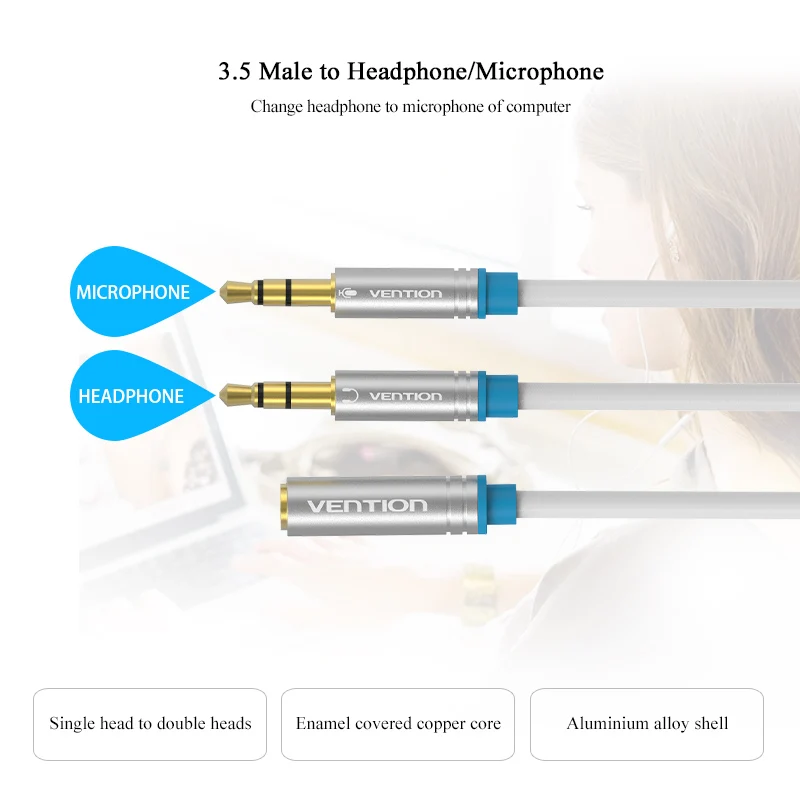 Аудиокабель Vention 3 5 мм для микрофона 2 штекера на 1 гнездо наушники AUX разветвитель