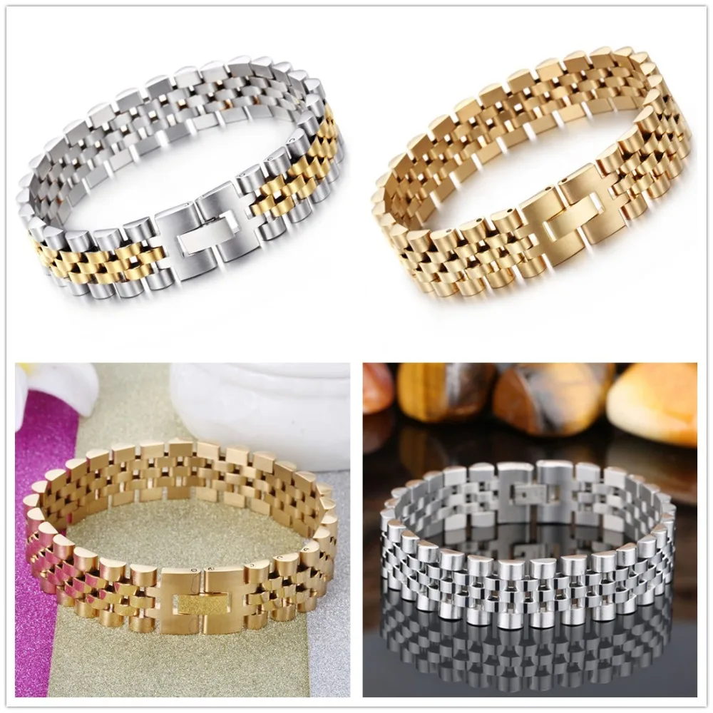 

High Quality Fashion Unisex Jewelry 316L Stainless Steel Silver Color Gold Color Motor Biker Chain Men's Bracelet Bangle 8" 15mm
