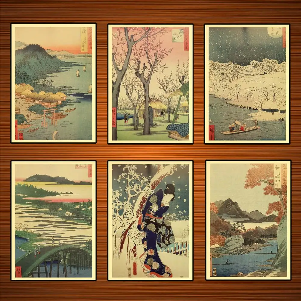 Винтажные японские художественные Хироши Ukiyoe крафт постеры Классические