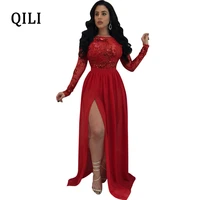 qili long sleeve sequined women dress sexy see through mesh patchwork hollow out split long dresses evening party club dress