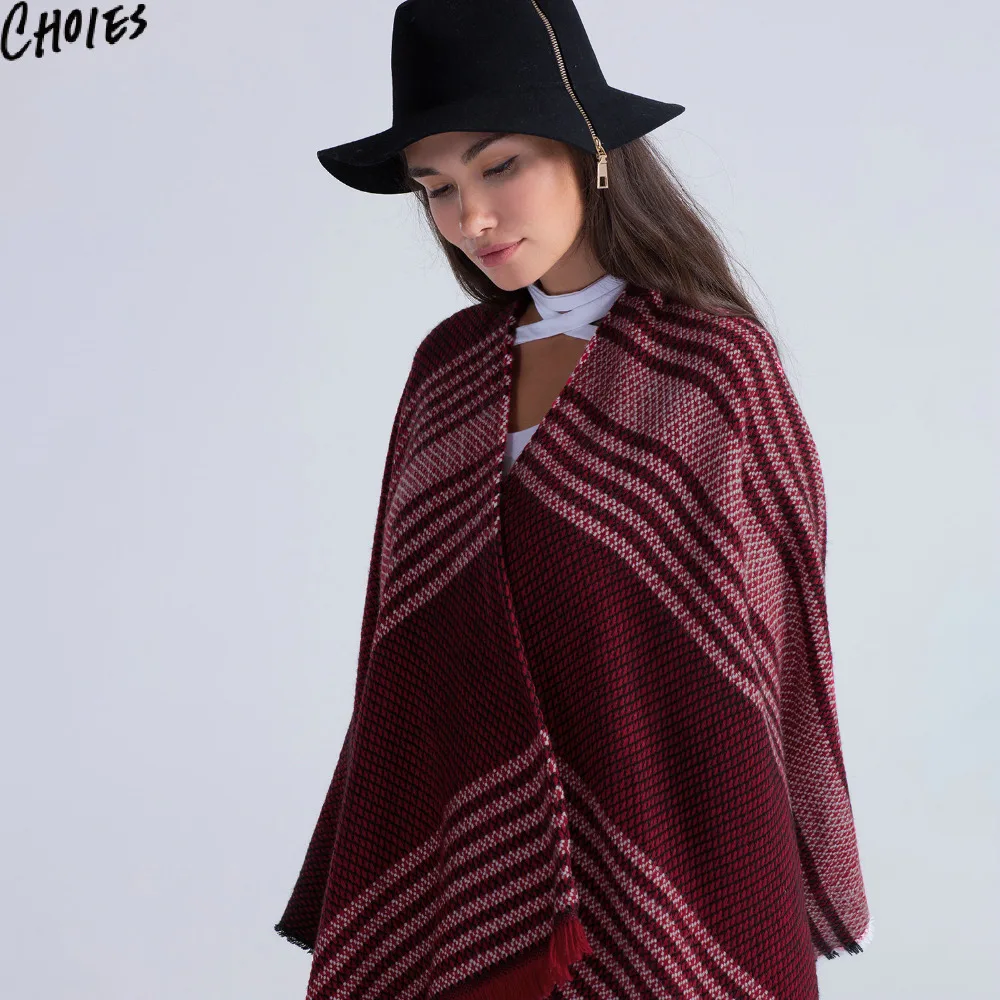 Women Fringed Pashmina Scarf Cape Red Striped Loose Casual Knitted Tassel Poncho 2016 Fall Winter New | Аксессуары для одежды