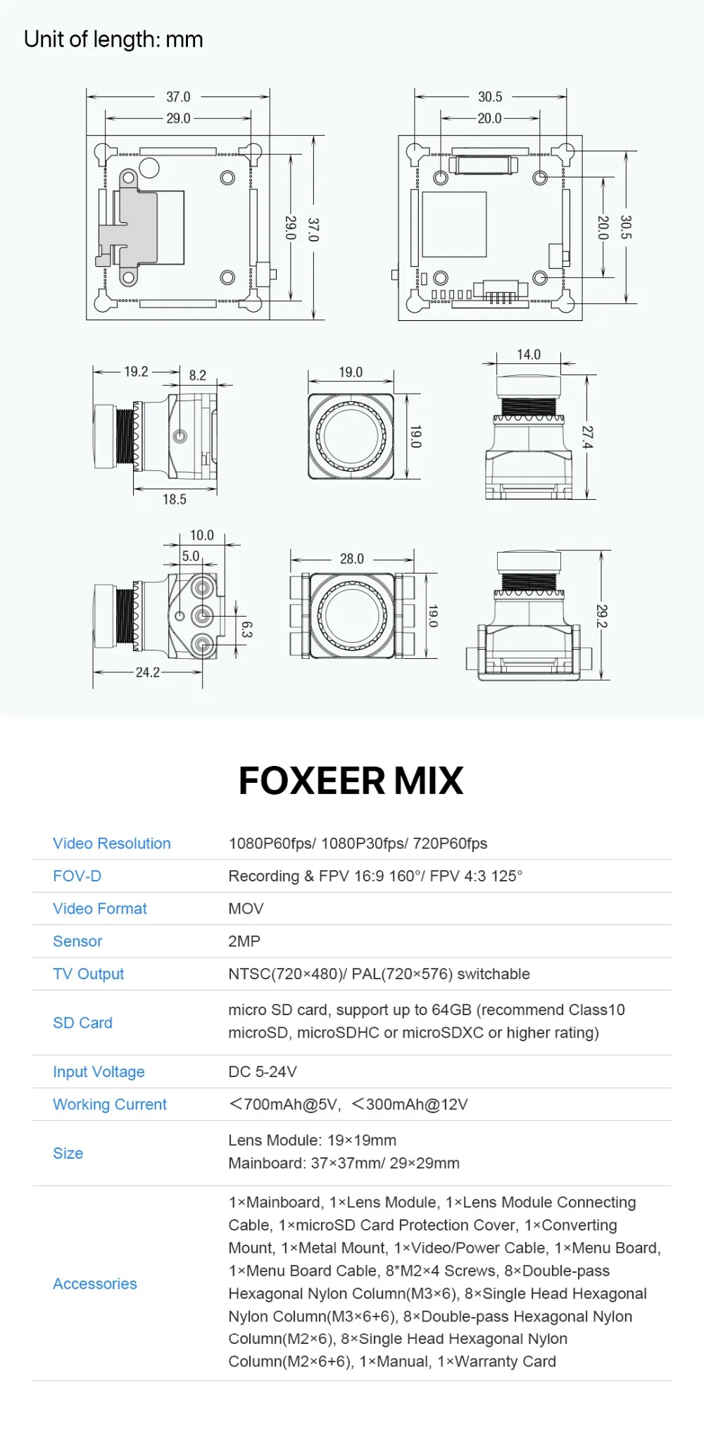Foxeer Mix 1080P 60FPS Super WDR Mini HD FPV камера 16:9 4:3 PAL/NTSC переключаемая 20*20& 30,5*30,5 мм крепление FPV гоночный Дрон часть
