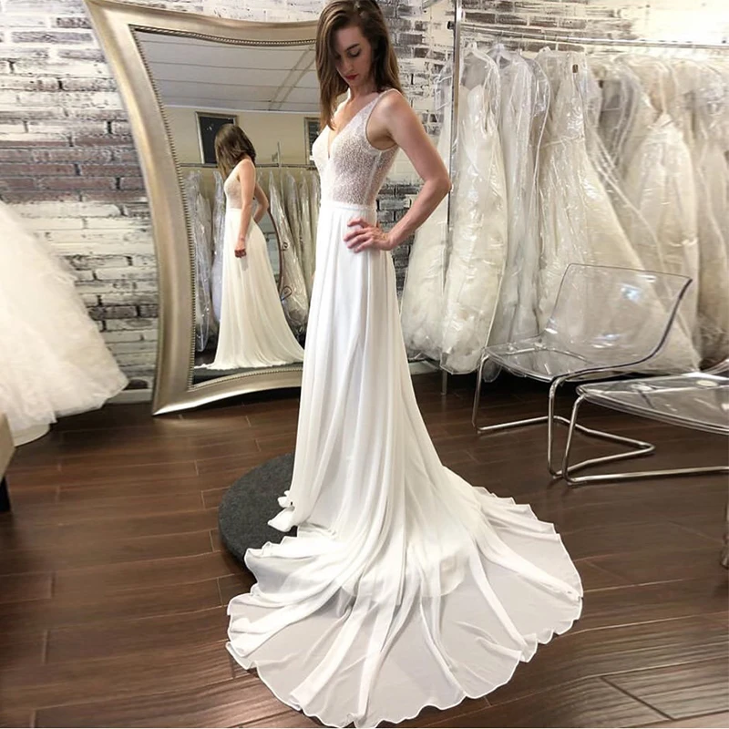 New Bohomian Beach Wedding Dress Sheer Bodice Chiffon Bridal Robe De Maria White Chapel Train Backless Vestido Noiva | Свадьбы и