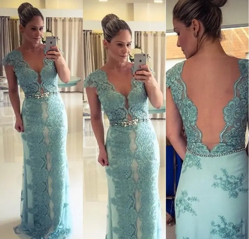 hot sale 2015 Sexy Sheer Back Lace Mermaid Prom Dress Women Formal Evening Gown Special Occasion Dresses With Crystal Belt | Свадьбы и