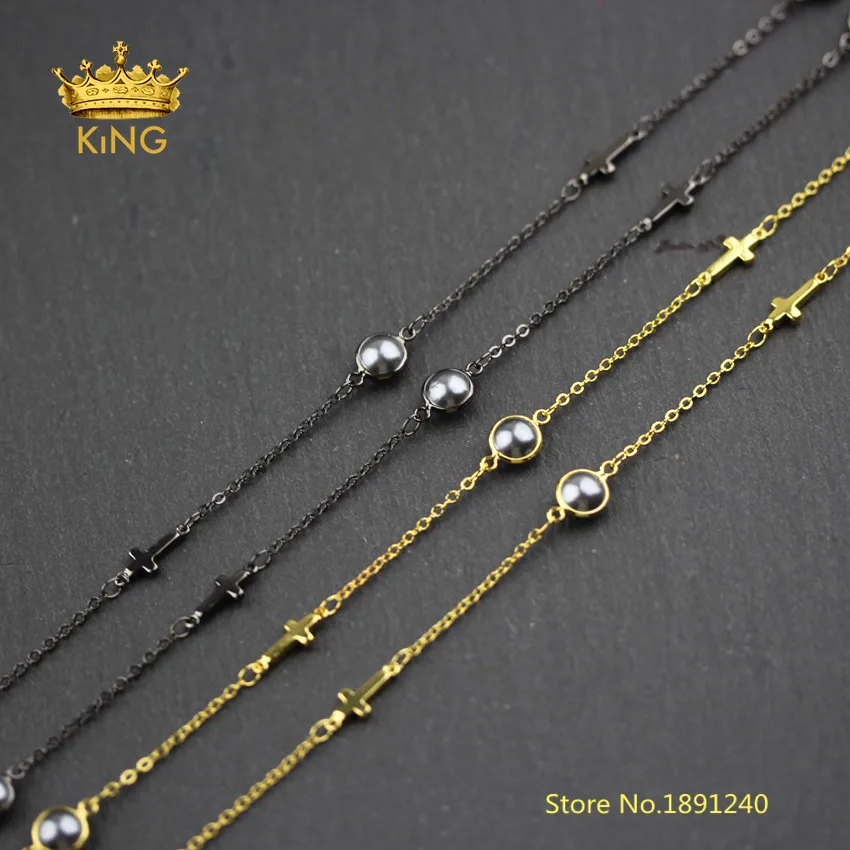 

5meters Round Coin Black Pearl Beads Wire Wrapped Cross Charms Copper Pearl Beaded Chains Findings Wholesale BH49