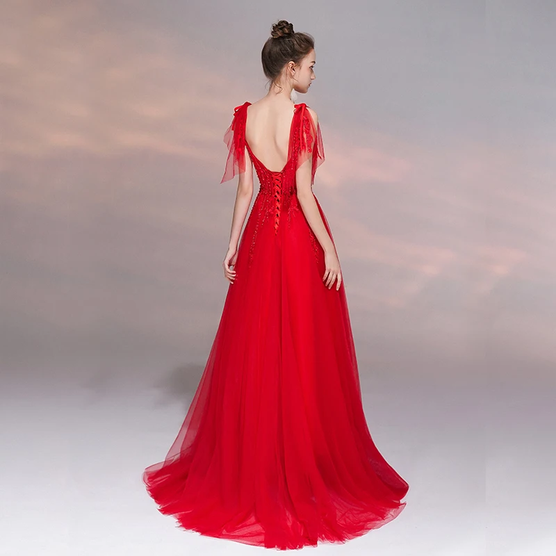 Ssyfashion 2019 Новое красное вечернее платье для свадьбы и банкета элегантная v