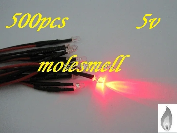 Free shipping 500pcs 3mm red Flicker 5V Pre-Wired Water Clear LED Leds Candle Light 20CM