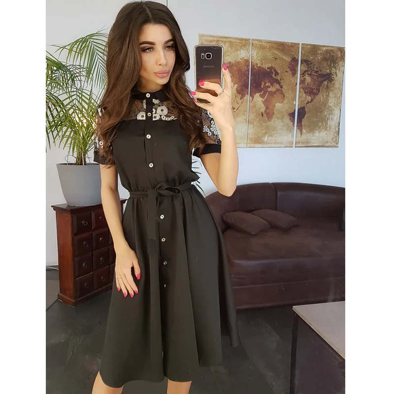 Для женщин Винтаж кружевная Лоскутная Вышивка Вечерние платье короткий рукав