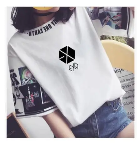 Kpop EXO те же Женщины свободные футболки k pop круглый вырез Harajuku студенческие топы с