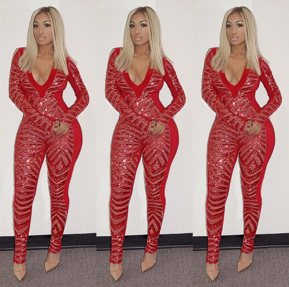 

V Neck Full Sleeve Women Club Sheath Sequin Jumpsuits Women Sexy Bodysuits