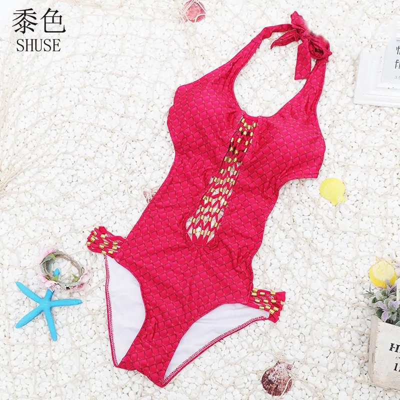 Высокая Вырезать Монокини Одна деталь купальник Для женщин красные синие бинты