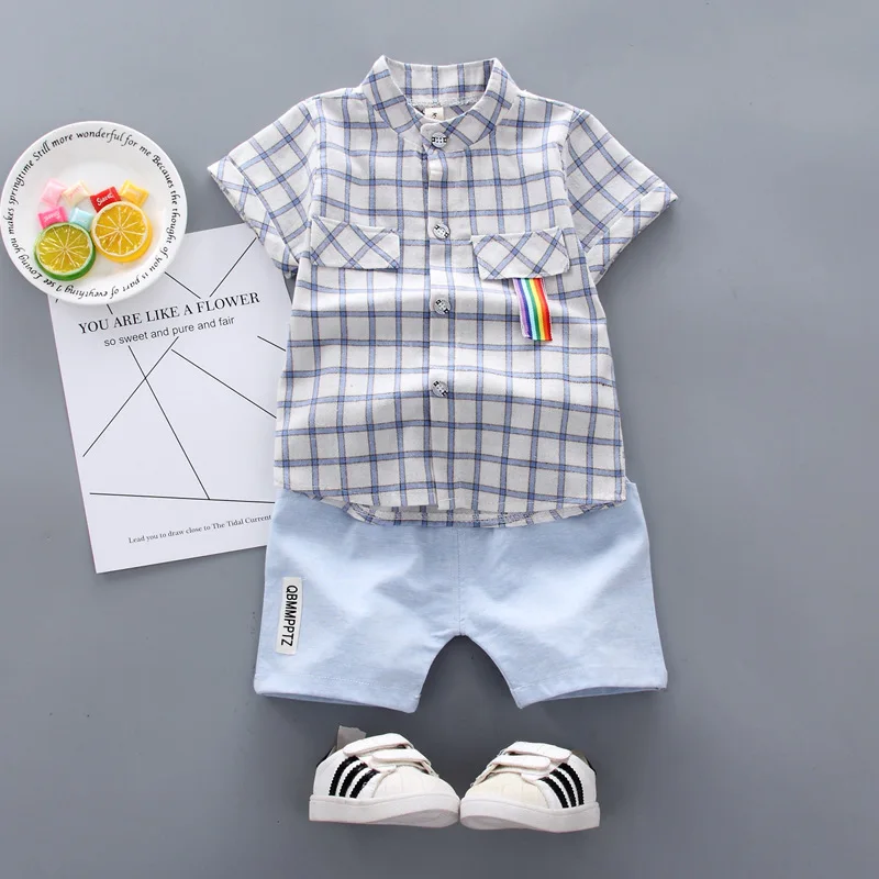 2019 summer new baby clothing set Baby boy casual plaid short-sleeved shirt + pants 2 pieces Children clothes sets |