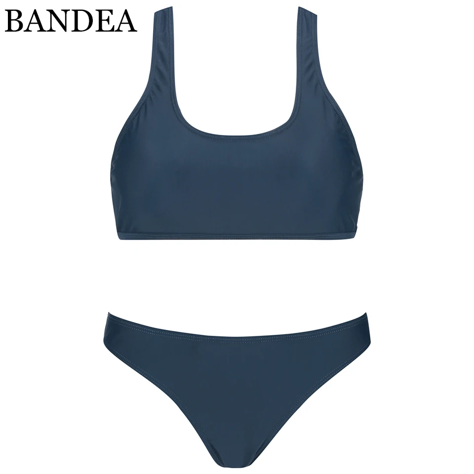 BANDEA купальники женские бикини спортивный комплект однотонный синий купальник