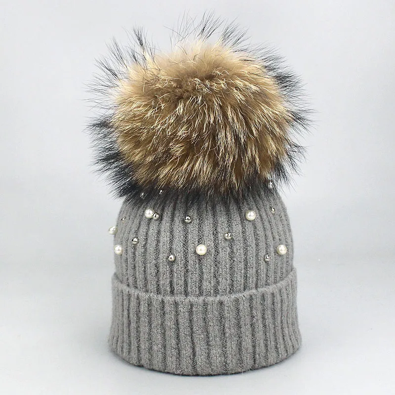 G New Wool Beanies Women Real Natural Fur Pom Poms Fashion Pearl Knitted Hat Girls Female Beanie Cap Pompom Winter Hats for Women - Цвет: G