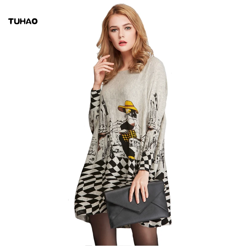 

TUHAO Women's Plus Size Sweater City Beauty Lady Print Batwing Sleeve Loose Long Pullover Female Knitted Tops Outerwear TS6133
