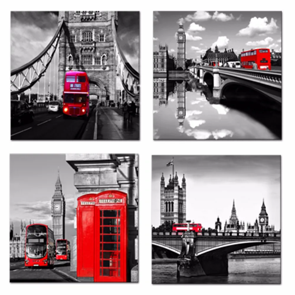 Парусина принт 4 шт. London уличная сцена классический красный автобус и Биг Бен