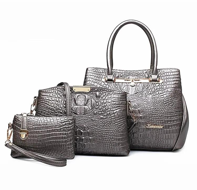Silver Роскошные 3 шт./компл. модные крокодиловая сумочка из искусственной кожи Сумка-тоут Для женщин через плечо, Сумки из натуральной кожи, женская сумка через плечо, сумка-почтальон+ кошелек-клатч - Цвет: Silver